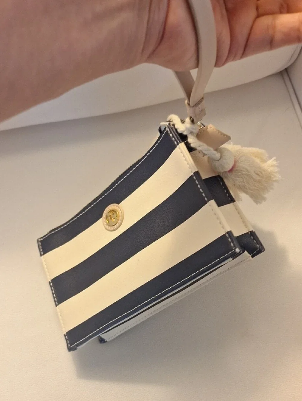 Gorgeous Spartina Striped Navy and White Leather Wristlet Pouch with Tassel